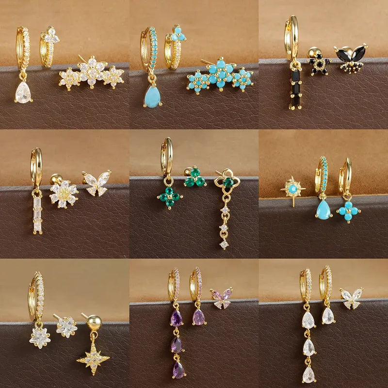 Juego de 3 pendientes de acero inoxidable con colgante de flor