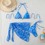 Maillot de bain bohème, bikini triangle et paréo assorti, motif floral exotique