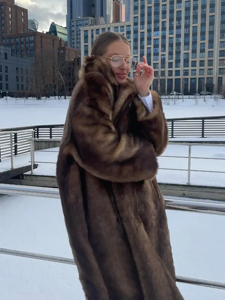 Manteau Long en Fausse Fourrure Marron pour Femmes