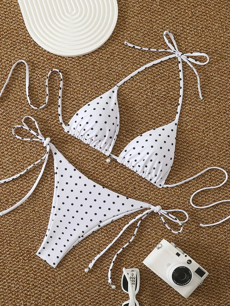 Bikini à pois perlés blanc et noir pour femme, style bohème chic