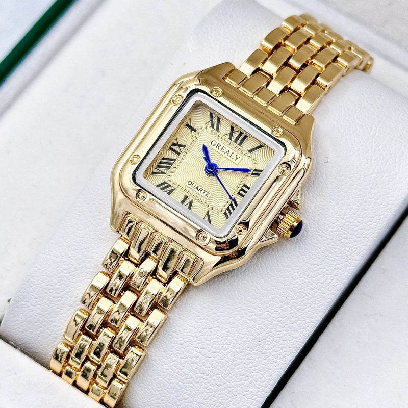 Montre carrée femme de luxe dorée Emakujitia, bracelet acier inoxydable, chiffres romains