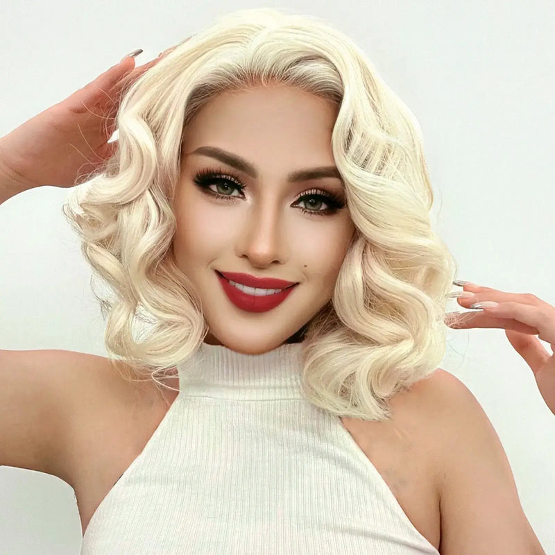 Peluca bob ondulada rubia platino