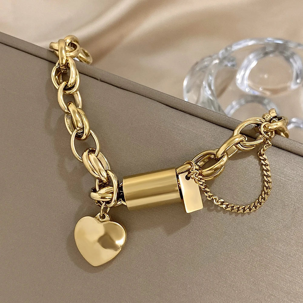 Stainless Steel Golden Heart Pendant Bracelet for Women