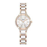 Montre quartz femme élégance bracelet bicolore blanc et doré rose, cadran blanc index 12 et strass, vue de face sur fond blanc