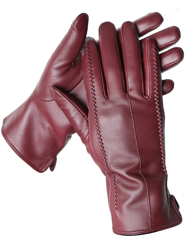 Gants Cuir Véritable Femme Hiver Fins Toucher Écran Doublure Velours Court