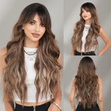Perruque Synthétique Ondulée Longue Brun Clair Mèche Blonde Femme