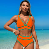 Maillot de bain bikini taille haute orange uni pour femme, col V et bordures vertes, style vif et audacieux