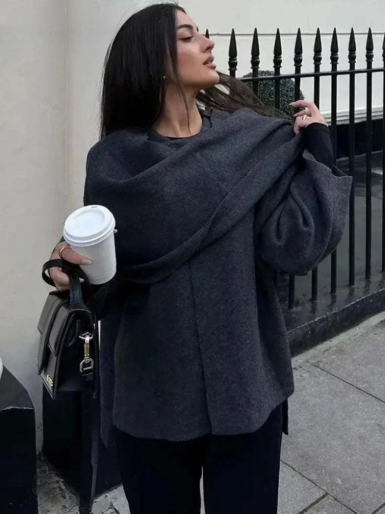 Veste Tricotée Femme Asymétrique avec Écharpe