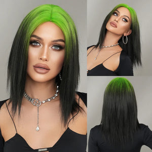 Perruque Mi Longue Synthétique Ombrée Verte Noire Raie Milieu Femme