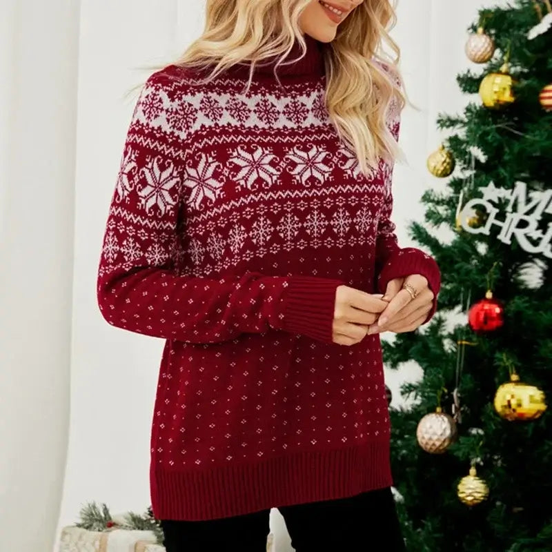 Pull vintage femme hiver col roulé  imprimé flocon de neige noël