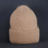 Bonnet Hiver Femme en Fourrure de Lapin Tricoté Chaud Style Minimaliste