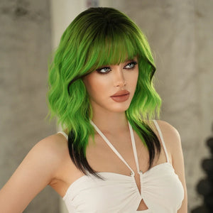 Perruque Longue Ondulée Verte Femme Synthétique Résistante Chaleur