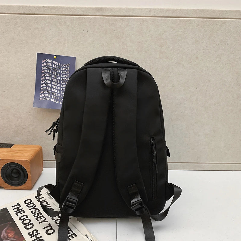 Black Large Capacity Nylon Backpack Simple Style for High School and College
