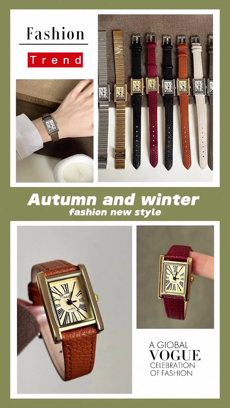 Montre femme rectangulaire avec bracelet en cuir et chiffres romains
