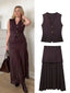 Ensemble Femme Chic Débardeur V-Cou Tricoté Boutonné Et Jupe Longue