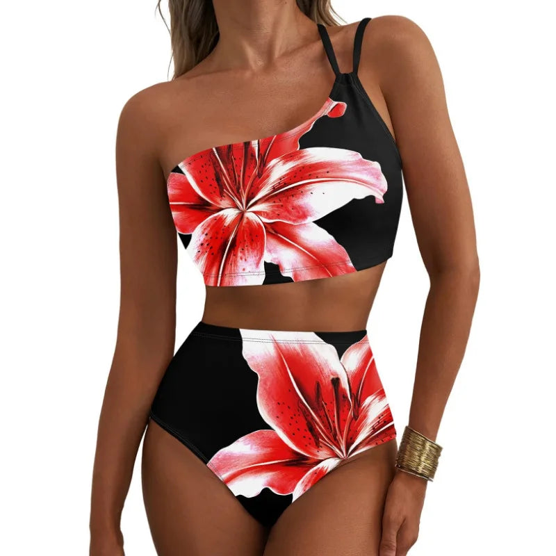 Bikini taille haute asymétrique noir avec motif de lys rouge