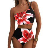 Bikini taille haute asymétrique noir avec motif de lys rouge