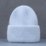 Bonnet Hiver Femme en Fourrure de Lapin Tricoté Chaud Style Minimaliste