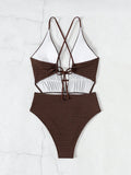 Vue de dos du maillot de bain une pièce brun texturé avec bretelles croisées et fermeture à nouer
