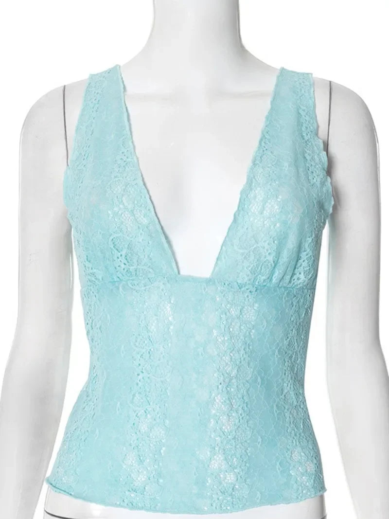Débardeur en Dentelle Sexy Col V Profond Transparent