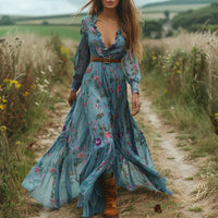 Robe Vintage à Motif Imprimé Plissée Décontractée Femme