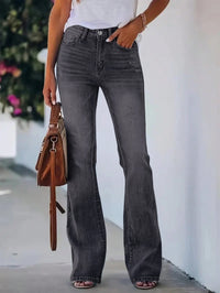 Jean élégant pour filles, couleur unie, taille haute, ajusté et évasé.