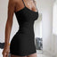 Robe Courte Moulante Noire Femme Col Rond Bretelles Spaghetti Polyester Unie