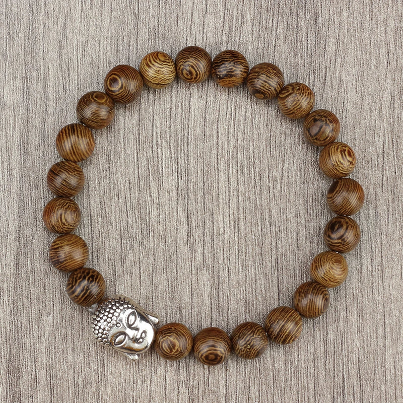 Wooden bead bracelet with Buddha head