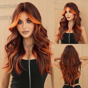 Perruque Longue Ondulée Femme Orange Synthétique Mèches Volumineuses