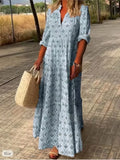 Robe Longue Femme Bohème Imprimée à Manches Longues