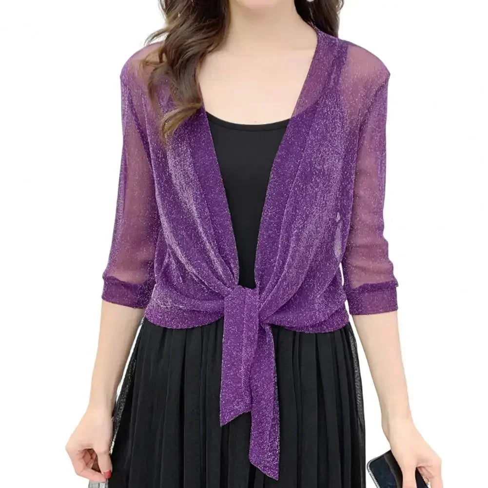 Cardigan d'Été Transparent à Paillettes avec Lacets et Manches Mi-longues