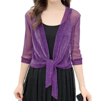 Cardigan d'Été Transparent à Paillettes avec Lacets et Manches Mi-longues
