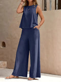 Ensemble Pantalon Sans Manches Élégant à Col Ronde en Couleurs Unies