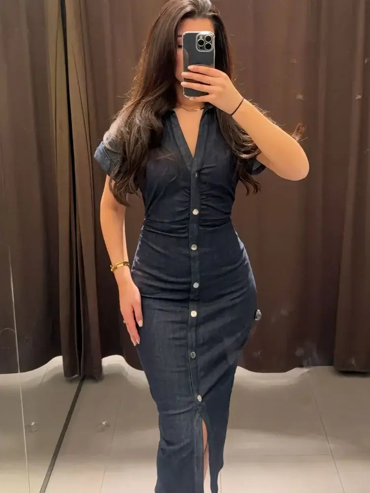 Robe en Jean Élégante Plissée à Boutonnage Simple Femme