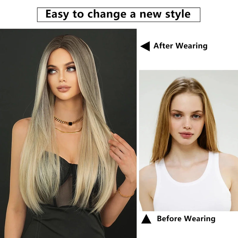 Perruque Longue Droite Femme Synthétique Cendrée Résistante Chaleur