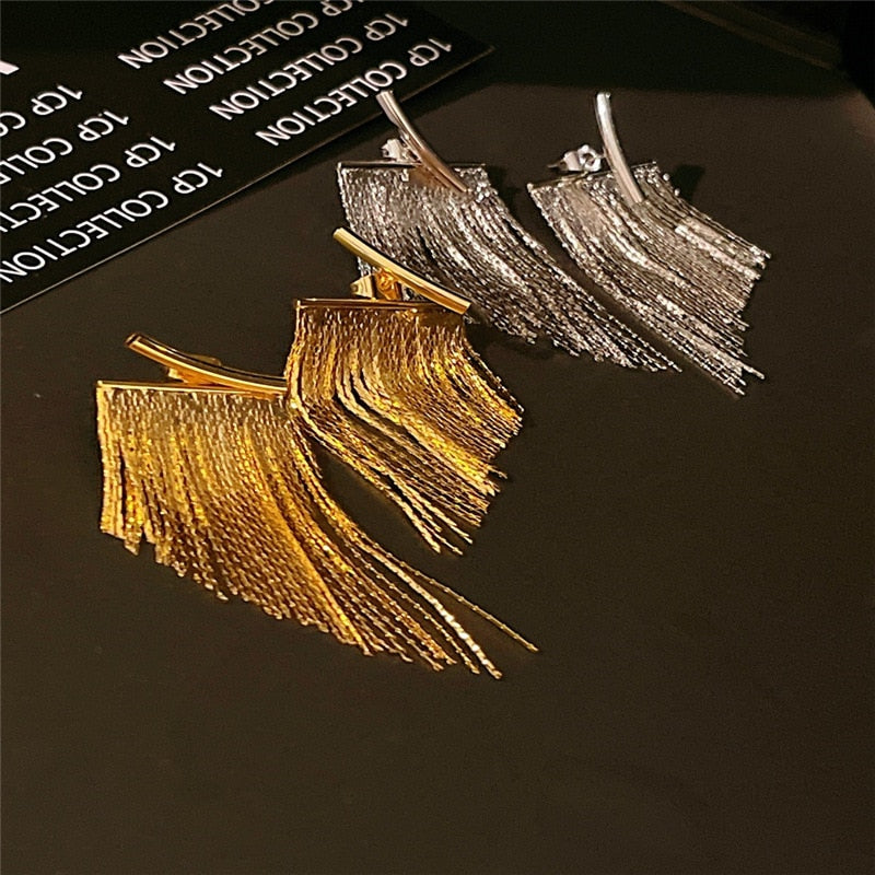 Pendientes colgantes de oro glamorosos con flecos brillantes - Joyería de moda para mujer