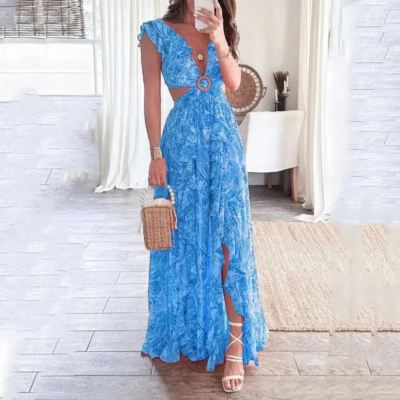 Robe Longue Élégante Imprimée Fleurie à Décolleté V profond