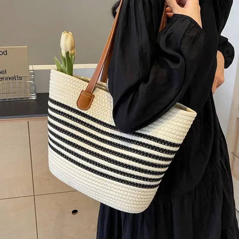 Sac Cabas en Paille à Motif Rayé Grand Volume Style Boho pour la Plage