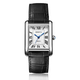 Montre femme rétro cadran carré argenté bracelet cuir noir fond blanc