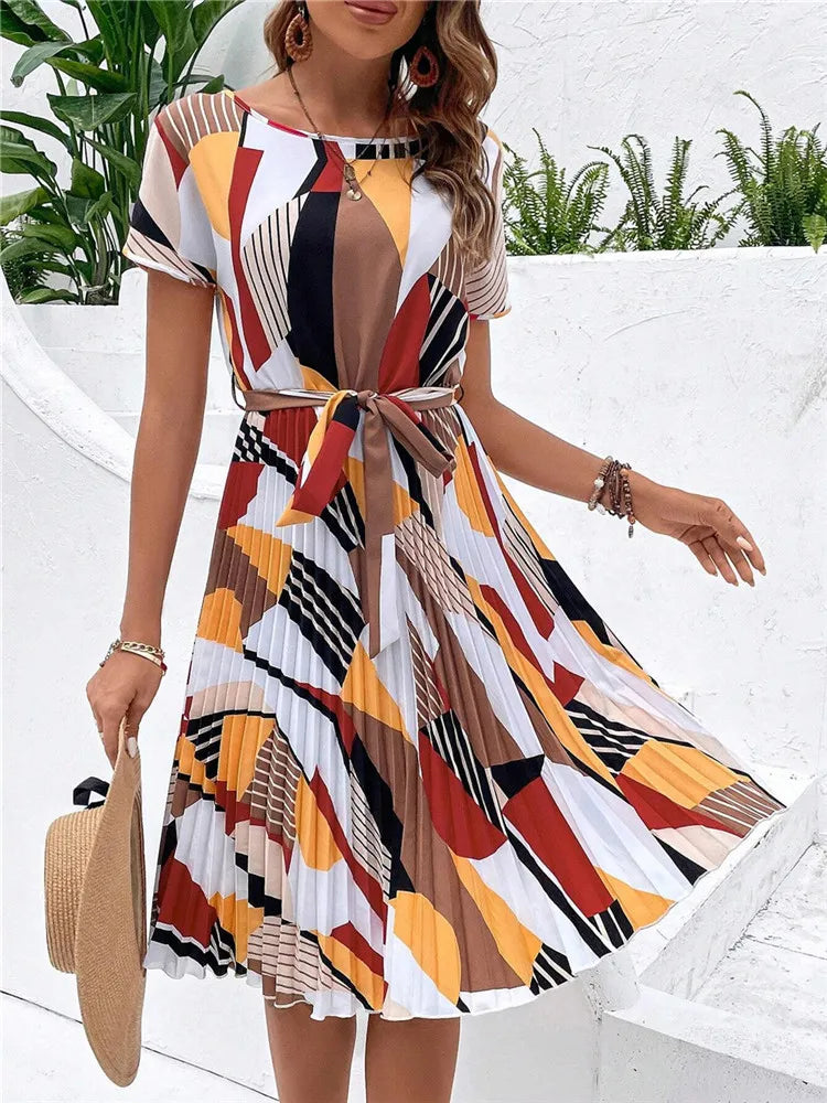 Robe Femme Évasée Plissée d'Été à Manches Courtes