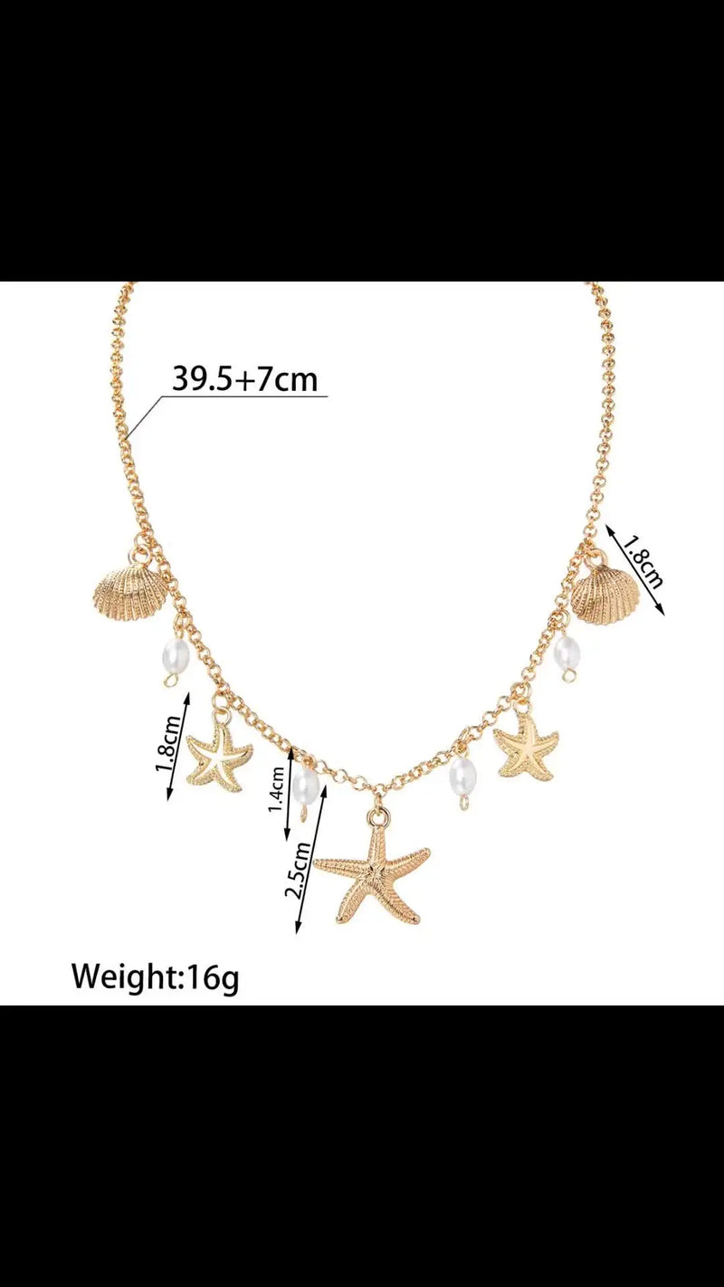 Collier bohème doré avec pendentifs étoiles de mer et coquillages, dimensions indiquées