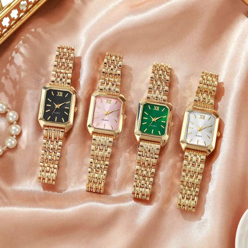 Quatre montres rectangle dorées Emakujitia avec cadrans noir, rose, vert et blanc