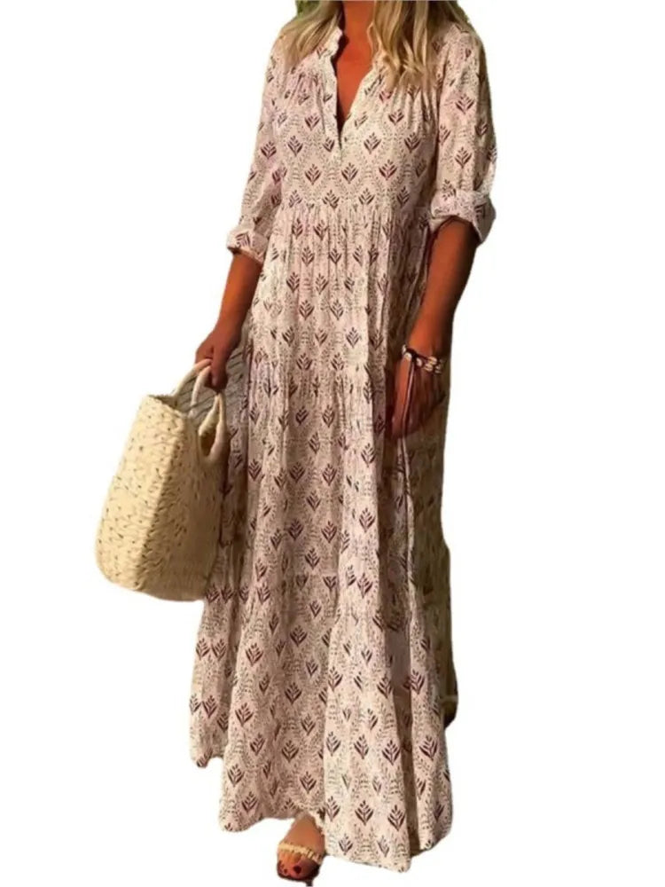 Robe Longue Femme Bohème Imprimée à Manches Longues