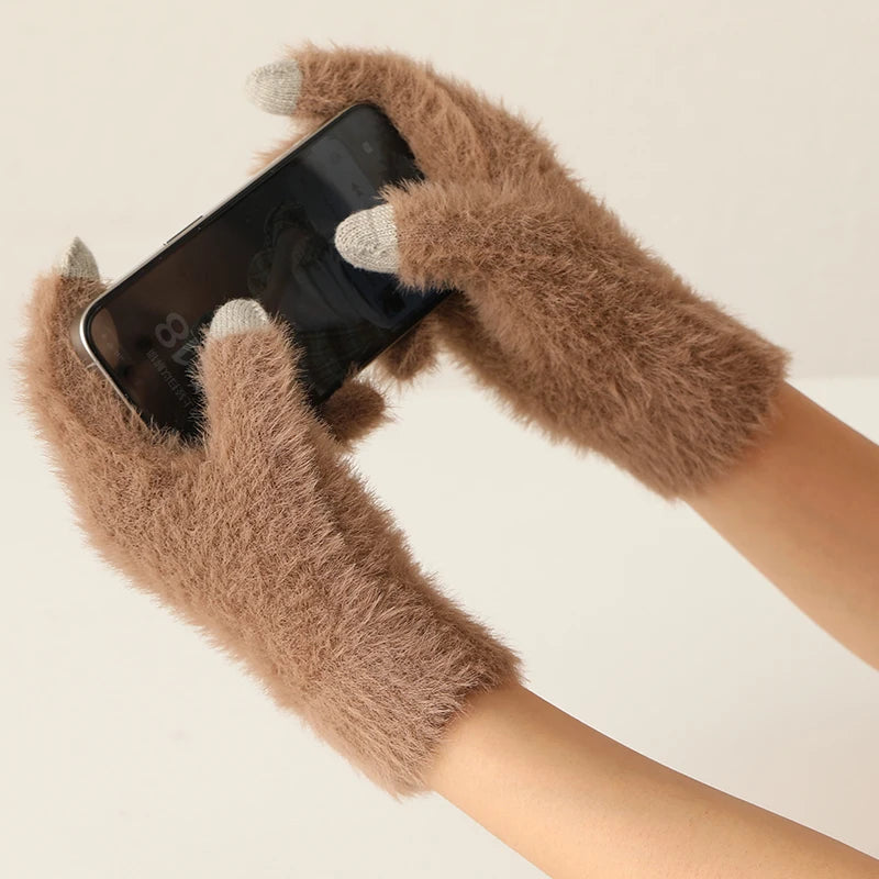 Gants En Cachemire Femme Hiver Tricotés Chauds Tactiles Cinq Doigts