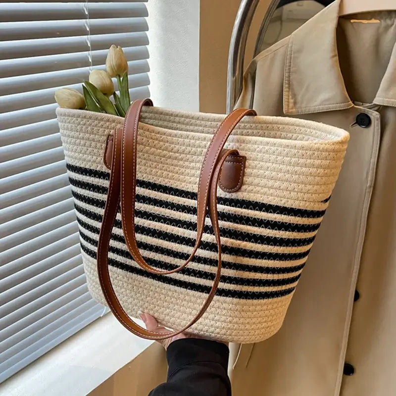 Sac Cabas en Paille à Motif Rayé Grand Volume Style Boho pour la Plage