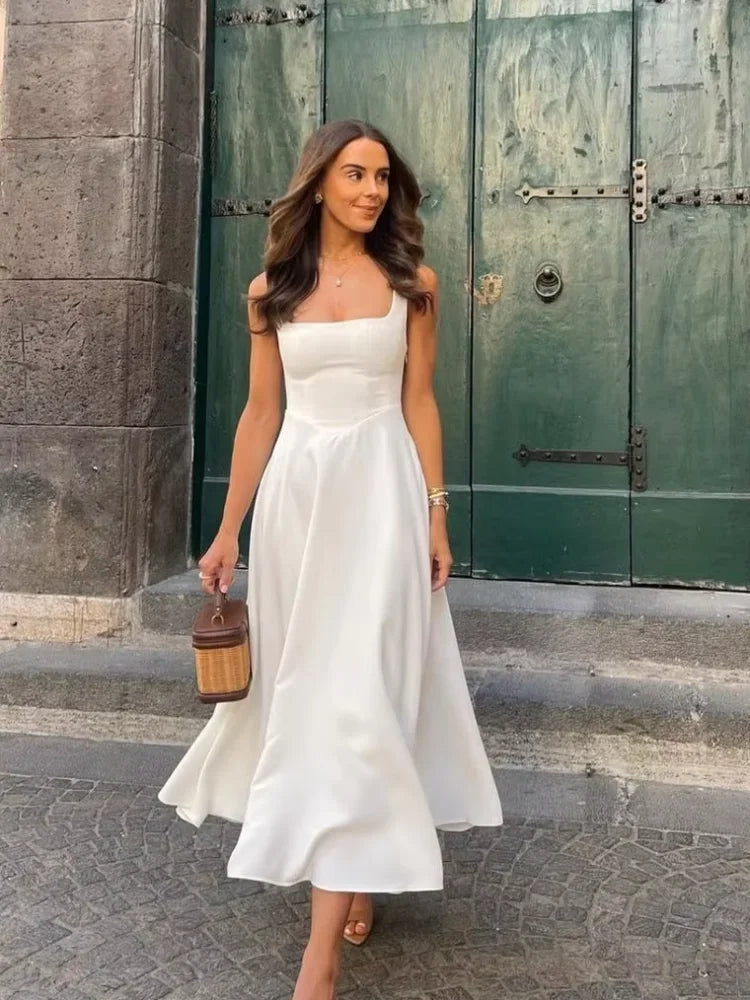 Robe Élégante Blanche Taille Haute Femme