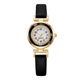 Montre femme bohème chic avec bracelet en cuir noir et cadran doré orné de strass