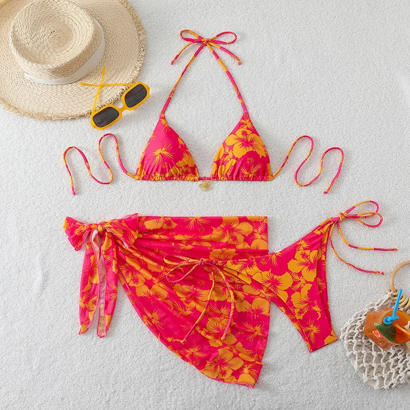 Maillot de bain bikini triangle rose et orange imprimé floral avec paréo femme Emakujitia