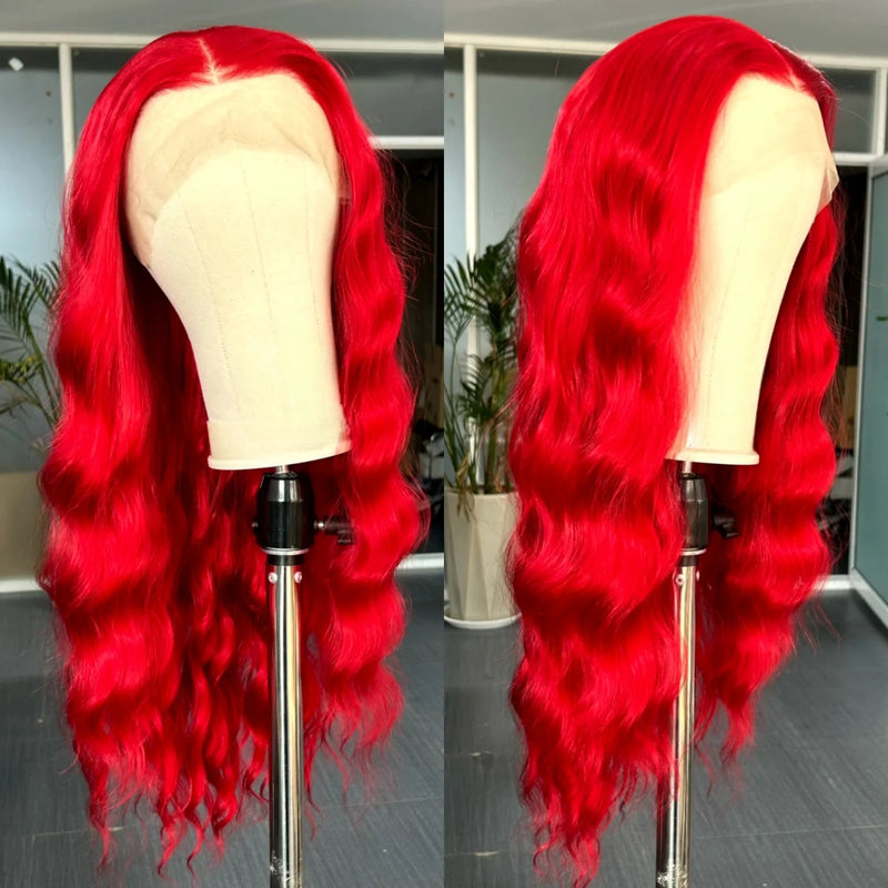Perruque synthétique rouge ondulée avec dentelle frontale