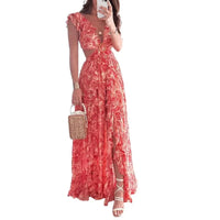 Robe Longue Élégante Imprimée Fleurie à Décolleté V profond